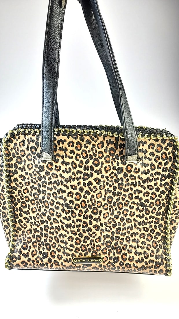 Betsey Johnson Leopard Print Tote Bag Black Tan Chain Trim Large (1 of 13)