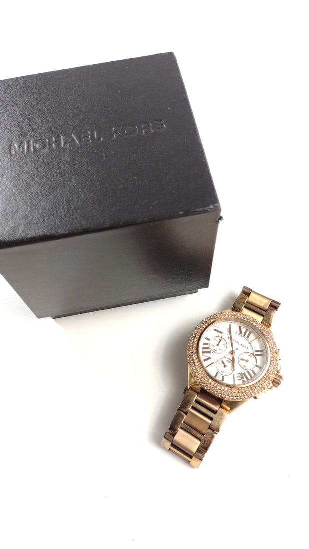 Michael Kors Womens Rose Gold Chronograph Watch with Crystal Bezel in Original Box (1 of 4)