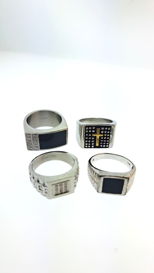 Stainless Steel Black Onyx Mens Rings Set of 4 - Stylish Vintage Jewelry Collection Size 11 (1 of 4)