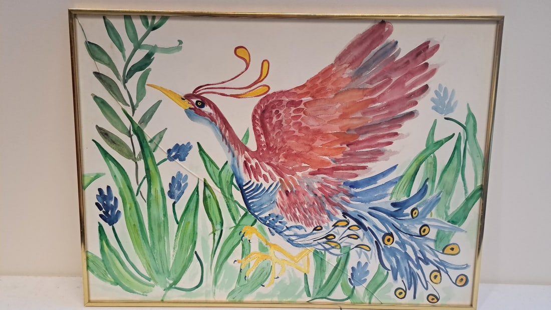 Unsigned MCM Watercolor of a Peacock (1 of 5)