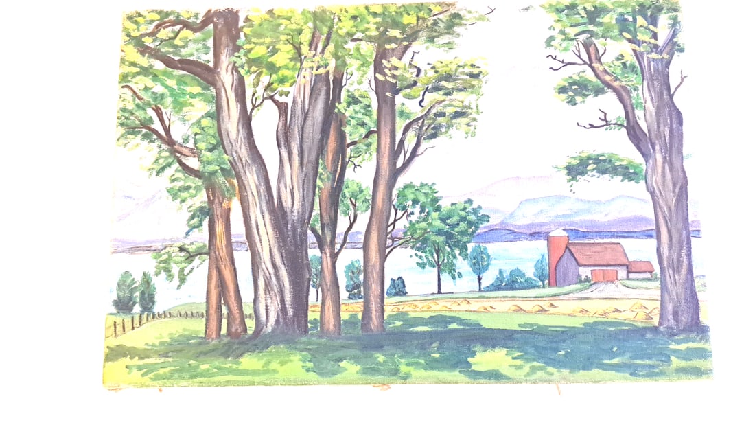Unsigned, where on canvas landscape with farm scene? (1 of 7)