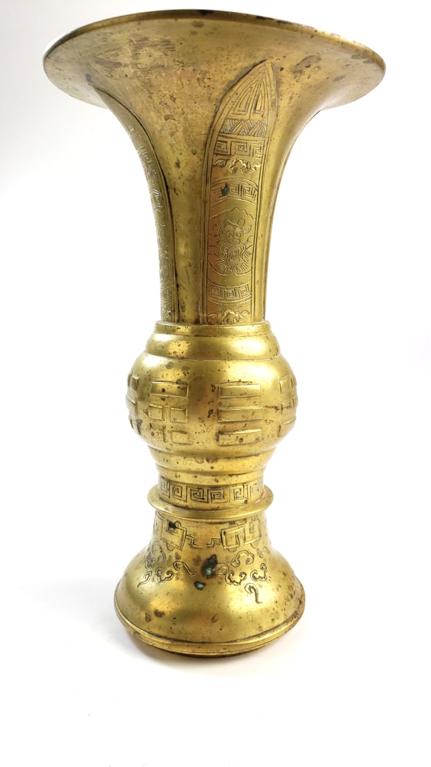 Antique 19th Century Chinese Bronze Gu Vase - Trigram and Geometric Decoration (1 of 6)
