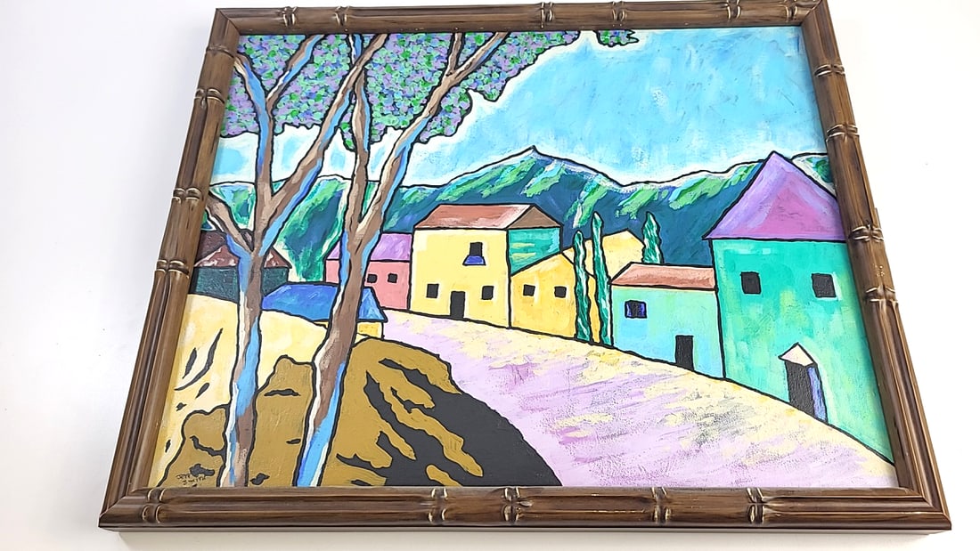 Abstract oil on canvas by Jeff Smith village scene: This is an estate auction in Seattle WA featuring artwork, furniture, and general estate items.This auction offers local pick up in the Seattle area on 9/13 between 10am-3pm. If you intend to pick up,