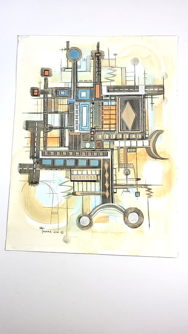 Modern abstract watercolor signed Thomas futuristic: This is an estate auction in Seattle WA featuring artwork, furniture, and general estate items.This auction offers local pick up in the Seattle area on 9/13 between 10am-3pm. If you intend to pick up,