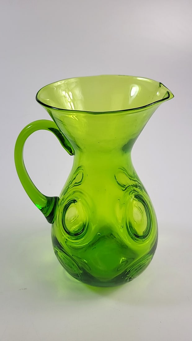 Hand blown Green Glass Pitcher with Handle 9" Tall Bubble Design Retro Art Decor (1 of 6)