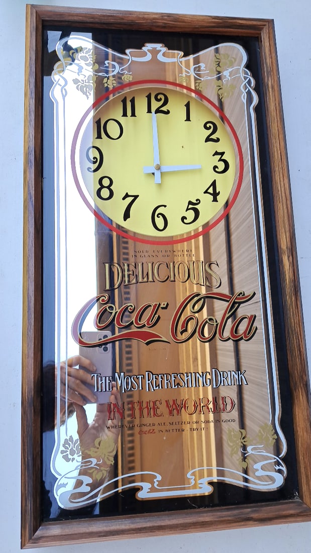 Vintage Coca-Cola Wall Clock Mirror Sign Yellow Red Retro Deco 24"x14" Mint Condition (1 of 7)