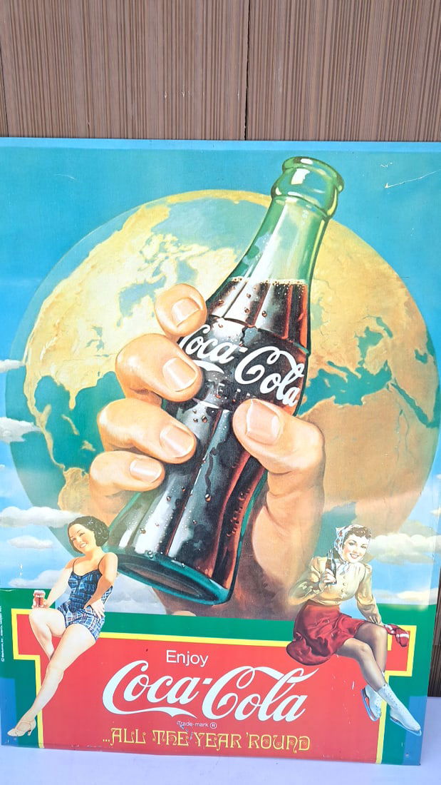 Vintage Coca-Cola Advertising Metal Sign Retro Wall Art Hand Bottle Globe Theme (1 of 9)
