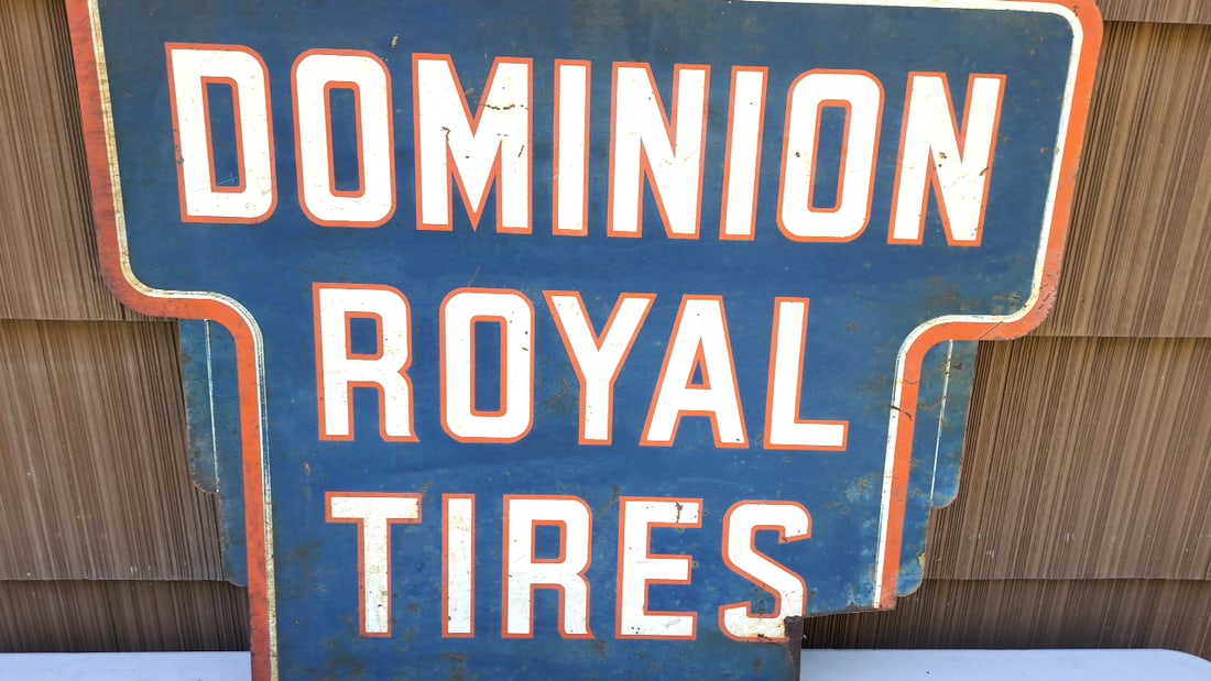 Double Sided Dominion Royal Tires Sign Large Blue White Red Weathered Condition (1 of 14)
