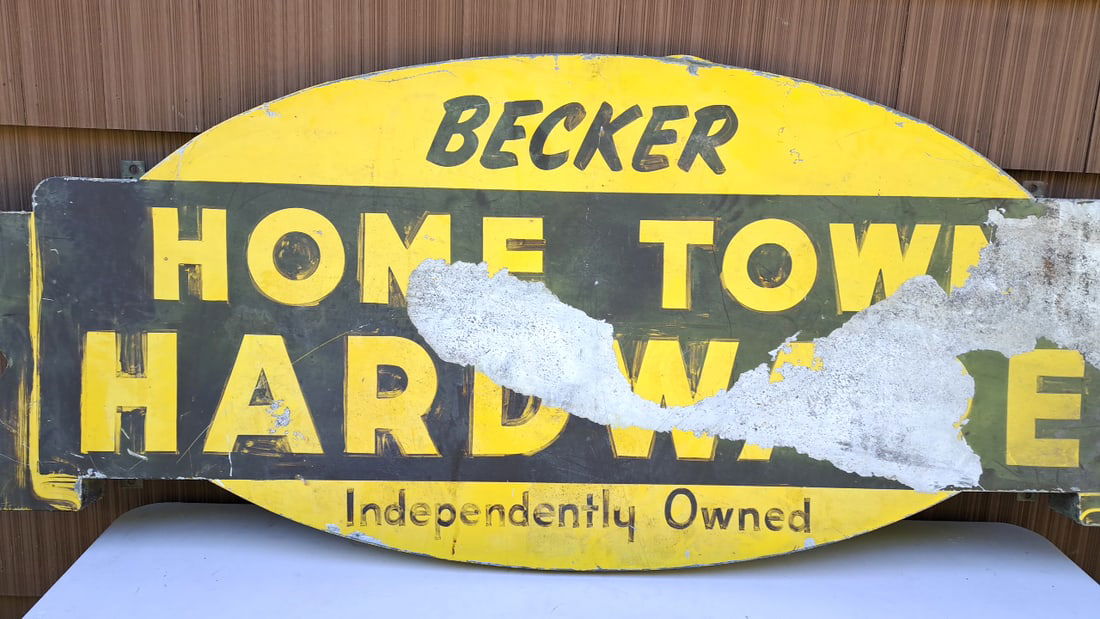 Vintage Becker Hometown Hardware Sign Yellow Black Metal Independent Store (1 of 9)