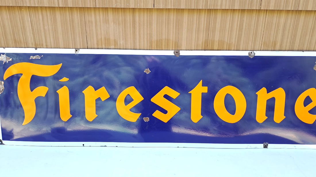 Vintage Firestone Blue Yellow Porcelain Sign 72x21 Retro Advertising Collectible (1 of 8)