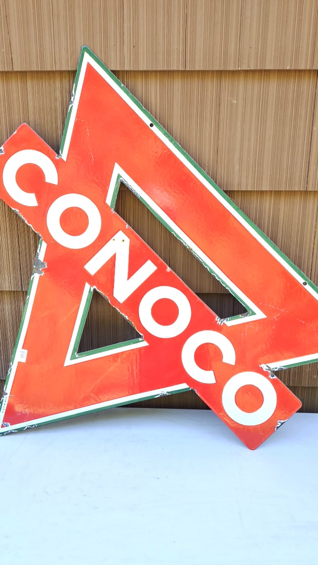 Double Sided Porcelain Conoco Gas Station Sign Red Triangle Metal Large Collectible Decor (1 of 16)