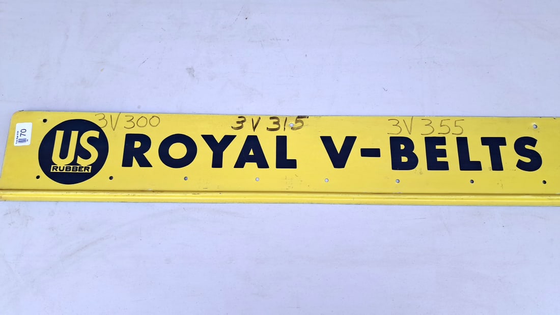 Vintage US Rubber Royal V-Belts Sign Yellow Metal Garage Decor (1 of 7)