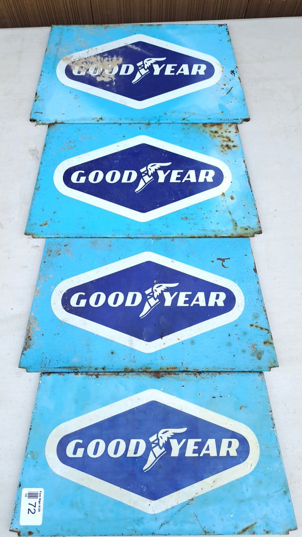 Vintage Goodyear Metal Signs Set of 4 Blue Rusted Retro Garage Decor (1 of 4)