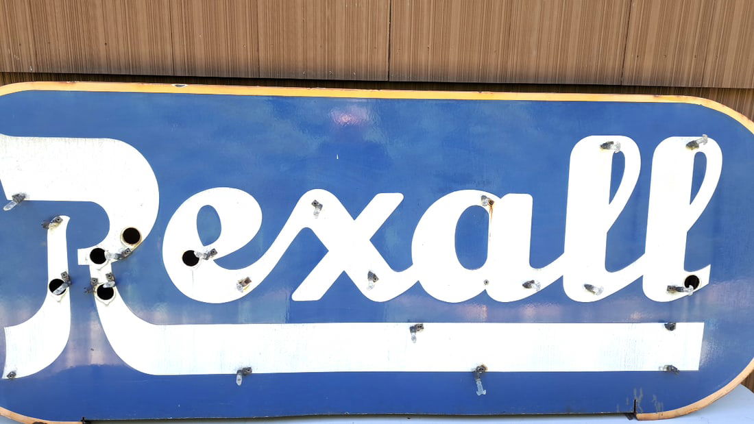 Porcelain Rexall Pharmacy Sign Blue White Retro Advertising Large Neon Holes (1 of 13)