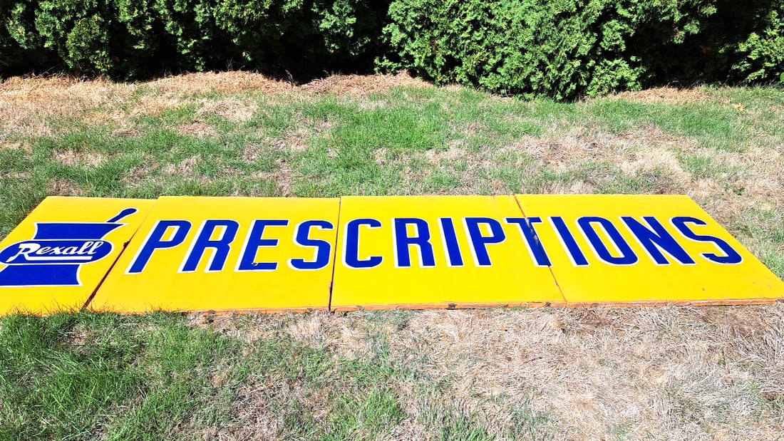 Porcelain Rexall Prescriptions Sign Yellow Blue Pharmacy Advertising HUGE 4 parts (1 of 12)
