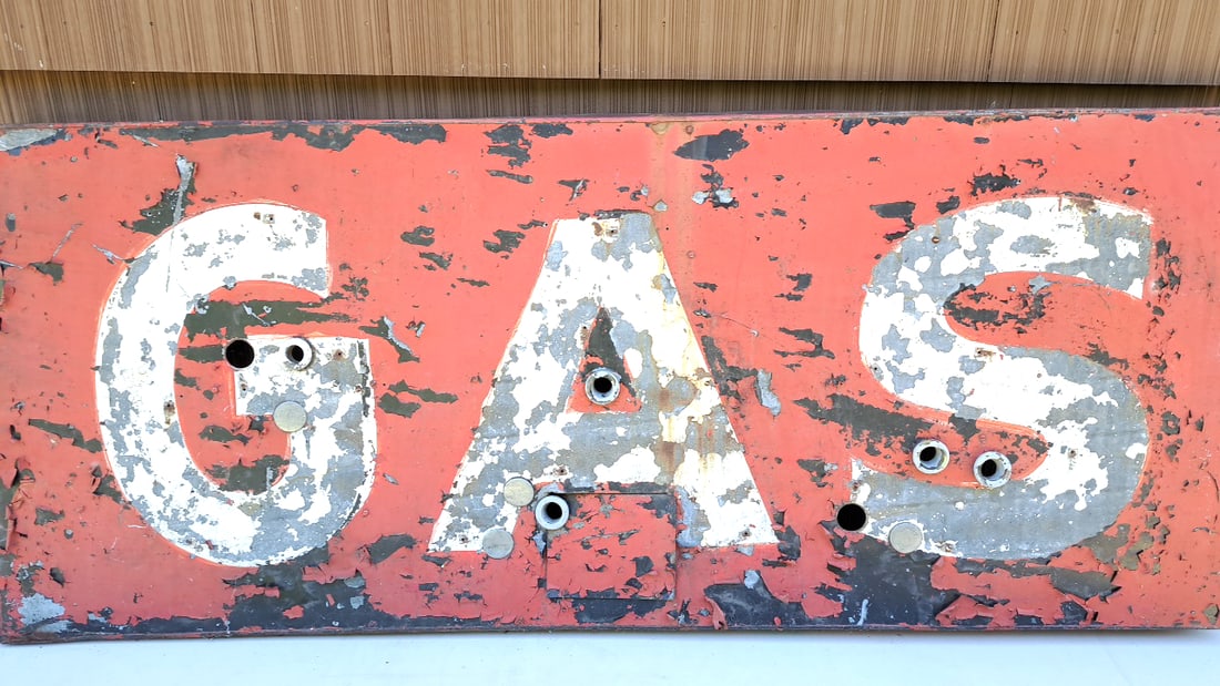 Weathered Red Metal GAS Station Sign Antique Rustic Neon Holes (1 of 8)