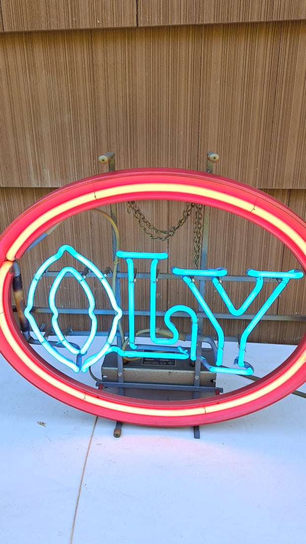 Vintage Oly Beer Neon Sign Light Blue Red Oval Bar Decor Working Condition (1 of 9)