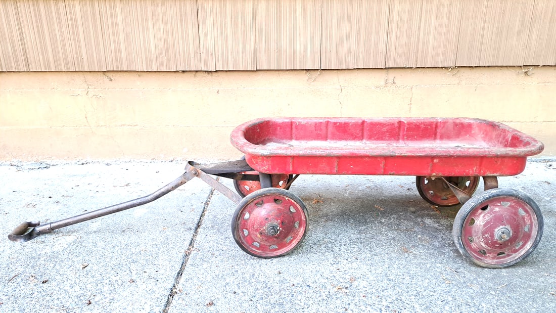 Vintage Red Metal Wagon with Handle and Wheels (1 of 13)