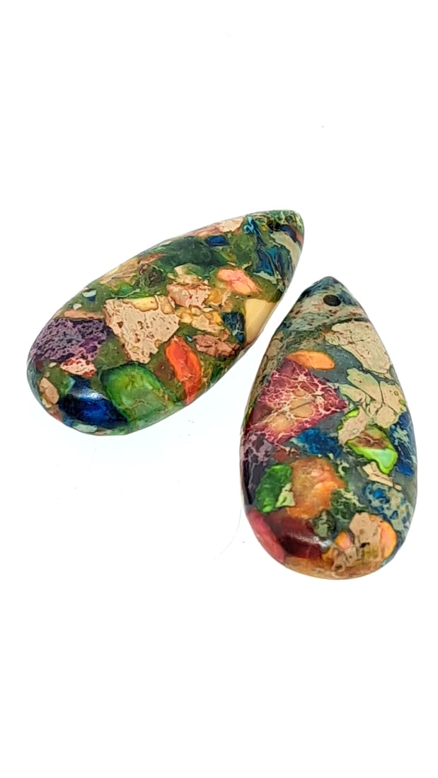 Pair Of Rainbow Jasper Polished Cabochon 8g 15x35mm Drilled: This is a continuation of our pro jeweler's estate auction. These are from his personal collection, many faceted by himself. Gems were cataloged with the assistance of GIA certified jewelers. Weights