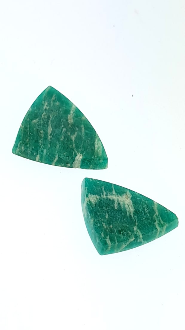 Pair Of Polished Amazonite Triangles 17.5x15mm11.5c: This is a continuation of our pro jeweler's estate auction. These are from his personal collection, many faceted by himself. Gems were cataloged with the assistance of GIA certified jewelers. Weights