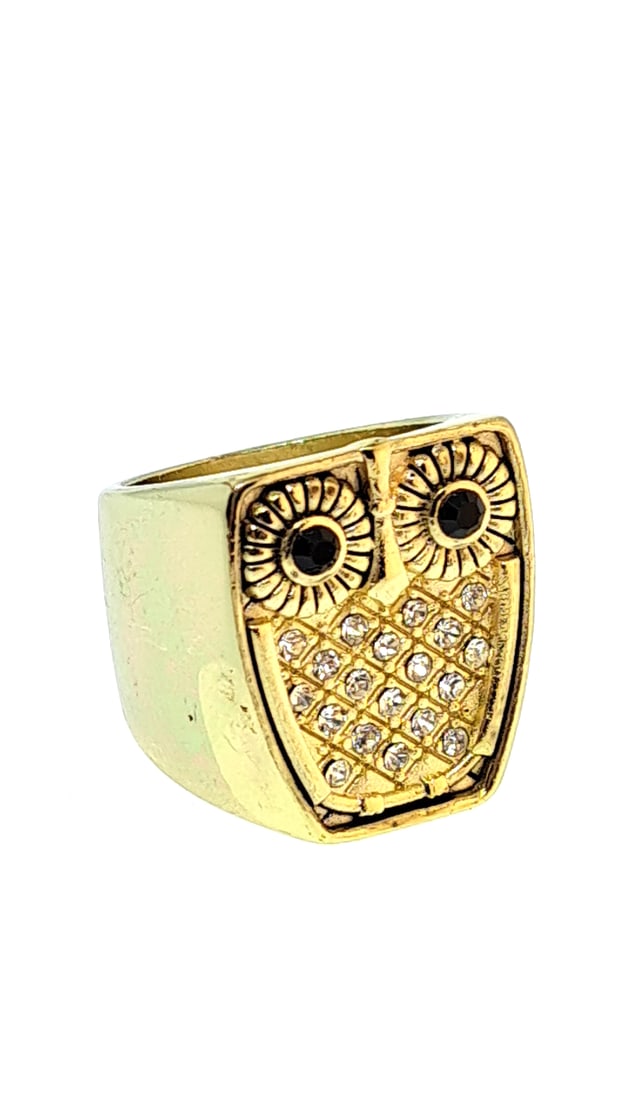 Mid Century Modern Owl Ring With Crystals Size 6: This jewelry auction is part of an estate sale on 11/7 in Edmonds WA. Pick up will be at the sale, details here https://www.estatesales.net/WA/Edmonds/98026/4683240. Items tested using Kee gold tester
