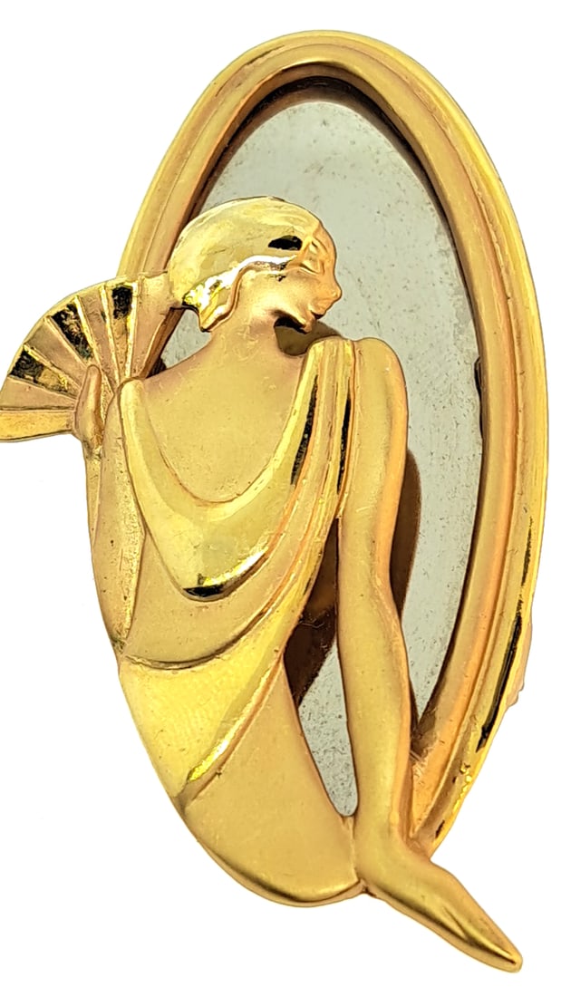 Vintage Ajc Mirrored Brooch Pin Art Deco Lady: This jewelry auction is part of an estate sale on 11/7 in Edmonds WA. Pick up will be at the sale, details here https://www.estatesales.net/WA/Edmonds/98026/4683240. Items tested using Kee gold tester