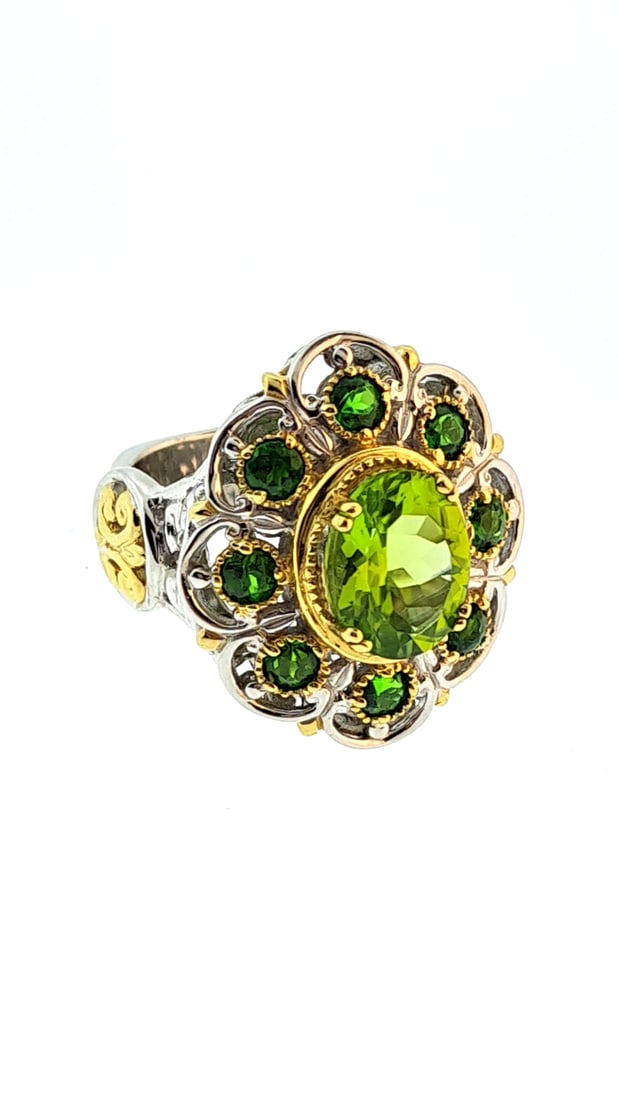 Fancy Diopside Peridot And Sterling Ring Size 6 10.3g: This jewelry auction is part of an estate sale on 11/7 in Edmonds WA. Pick up will be at the sale, details here https://www.estatesales.net/WA/Edmonds/98026/4683240. Items tested using Kee gold tester