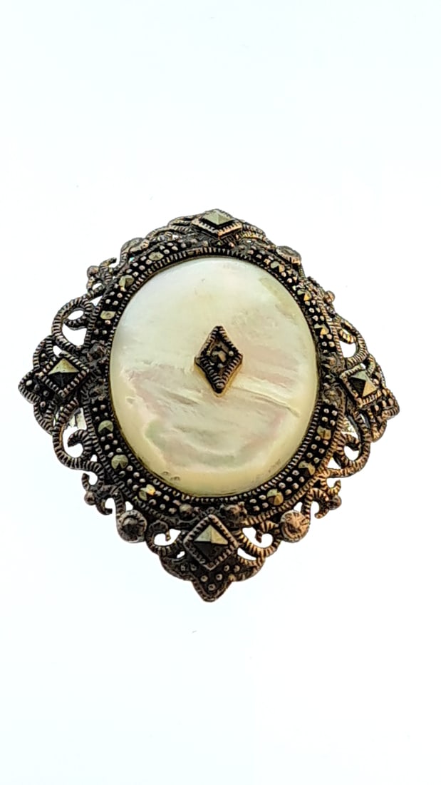 Sterling Silver Brooch Marcasite Filigree Mother Of Pearl Oval Pin (1 of 4)