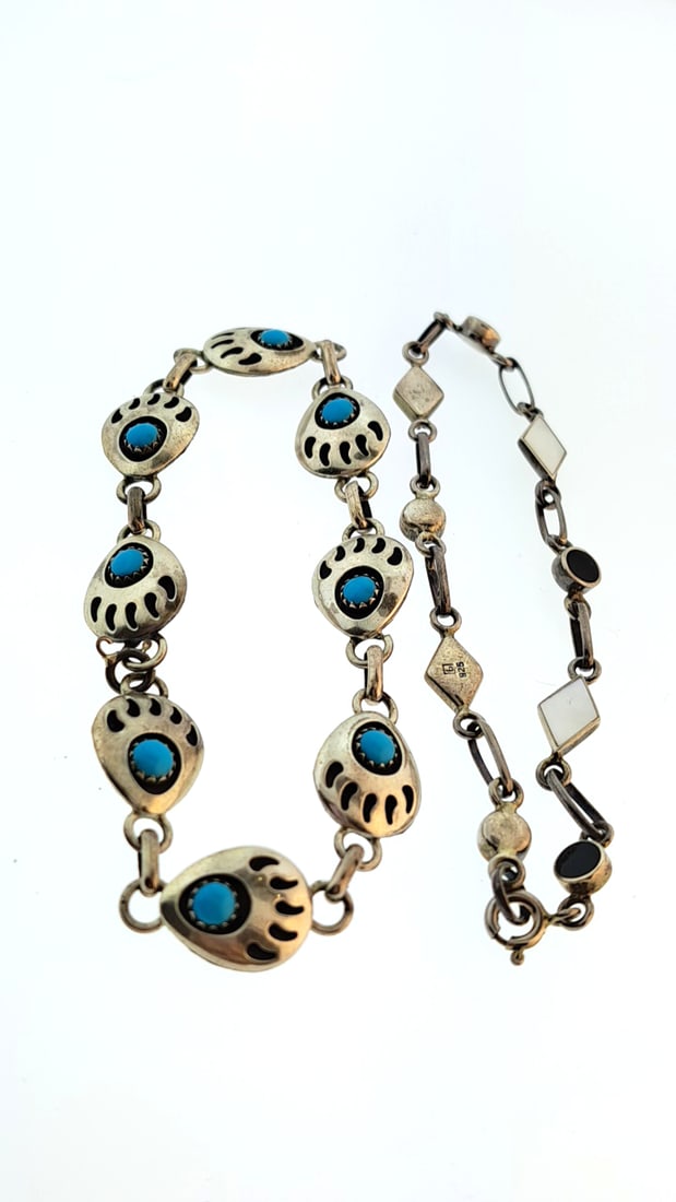 Sterling Silver Turquoise Bear Paw Bracelet & Inlay Link Bracelet Lot 925 Jewelry 14g (1 of 5)