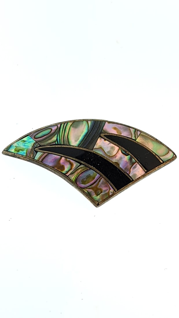 Vintage Abalone Shell Inlay Brooch Pin Fan Shape Black Silver 925 Small Art Deco Style Jewelry (1 of 5)
