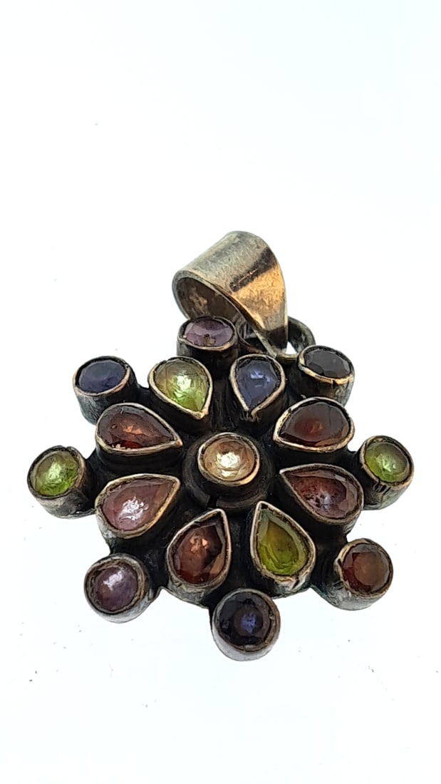 Vintage Sterling Silver Navaratna Pendant Multi Gemstone Chakra Amulet 1.5" Boho Jewelry: This jewelry auction is part of an estate sale on 11/7 in Edmonds WA. Pick up will be at the sale, details here https://www.estatesales.net/WA/Edmonds/98026/4683240. Items tested using Kee gold tester