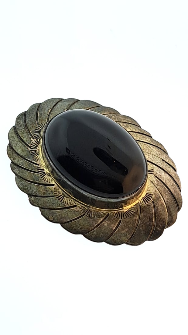 Vintage Southwestern Sterling Silver Brooch Pin Black Onyx Oval Stone Antique (1 of 6)
