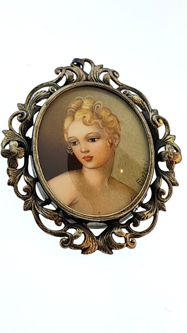 Vintage Hand Painted Portrait Brooch Pin 800 Silver Ornate Victorian Lady (1 of 4)