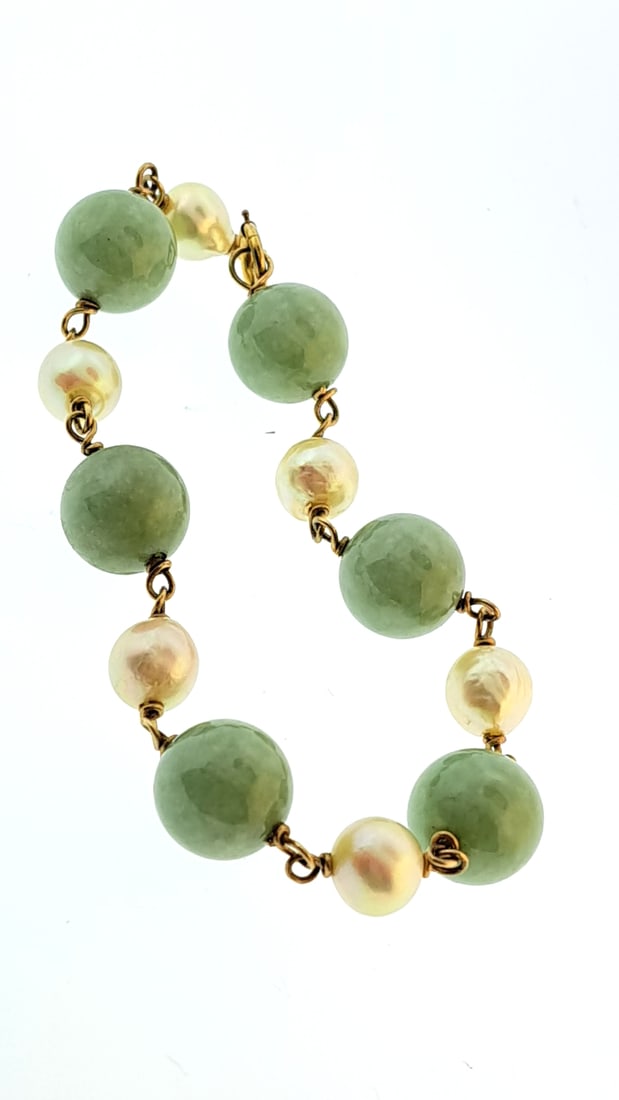 Vintage Jade & Pearl Beaded Bracelet Small Green Handmade Jewelry Excellent Condition (1 of 4)