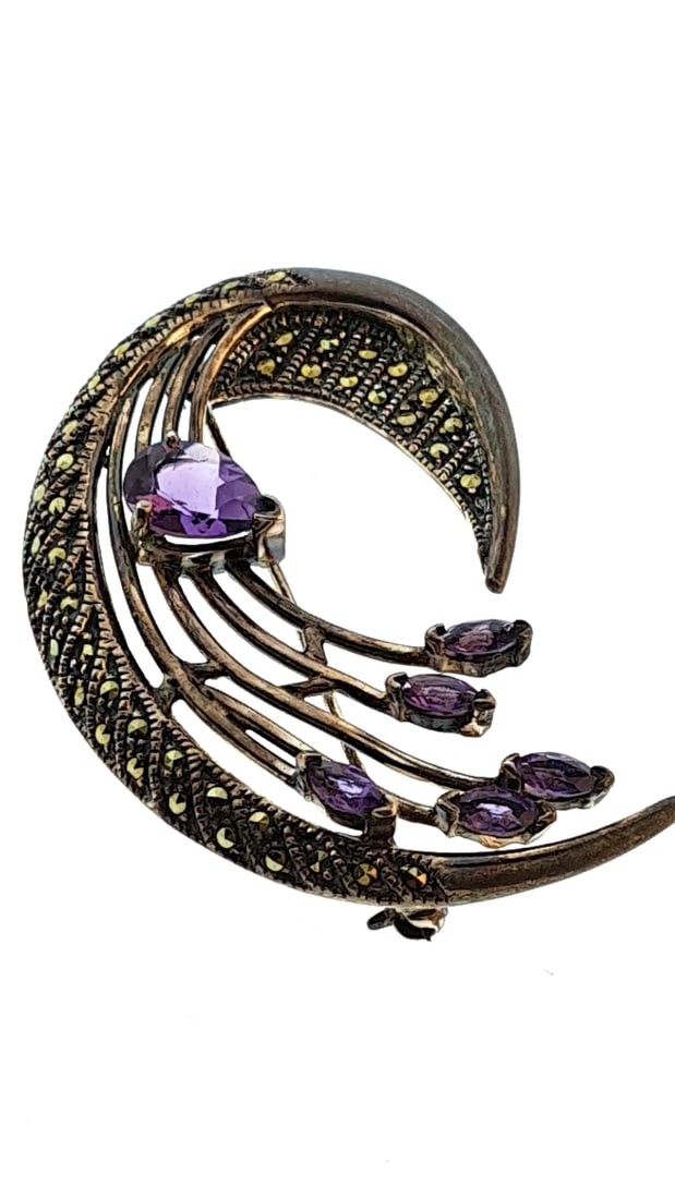 Vintage Sterling Brooch Pin Marcasite Amethyst Art Deco 15.5g (1 of 5)
