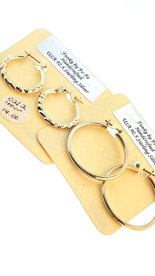 Funky By To-fe 925 Sterling Silver Gold Hoop Earrings Set 2 Pairs Handcrafted Usa New (1 of 3)
