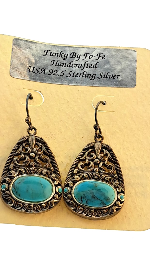 925 Sterling Silver Turquoise Drop Earrings Vintage Boho Jewelry (1 of 4)