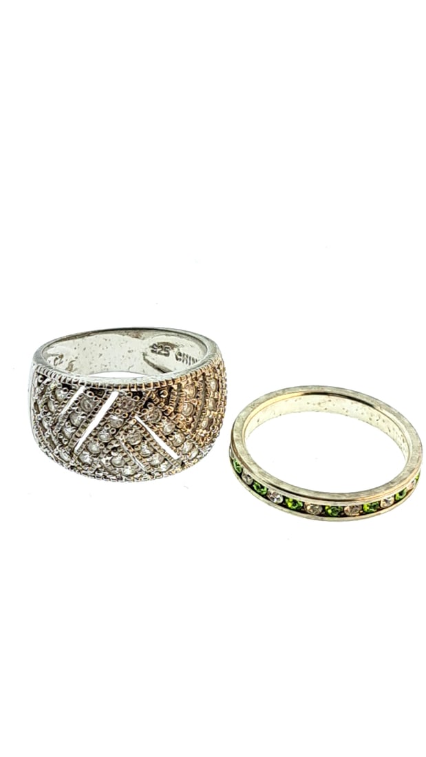 925 Sterling Silver Ring Set, Wide Band & Green Gemstone Eternity Band, Size 7 Pre-owned. (1 of 5)