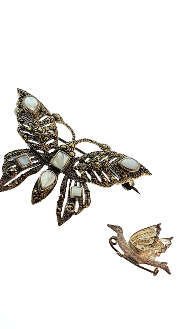Vintage Sterling Silver Butterfly And Bird Brooch Pin Set With Mother Of Pearl Accents (1 of 5)