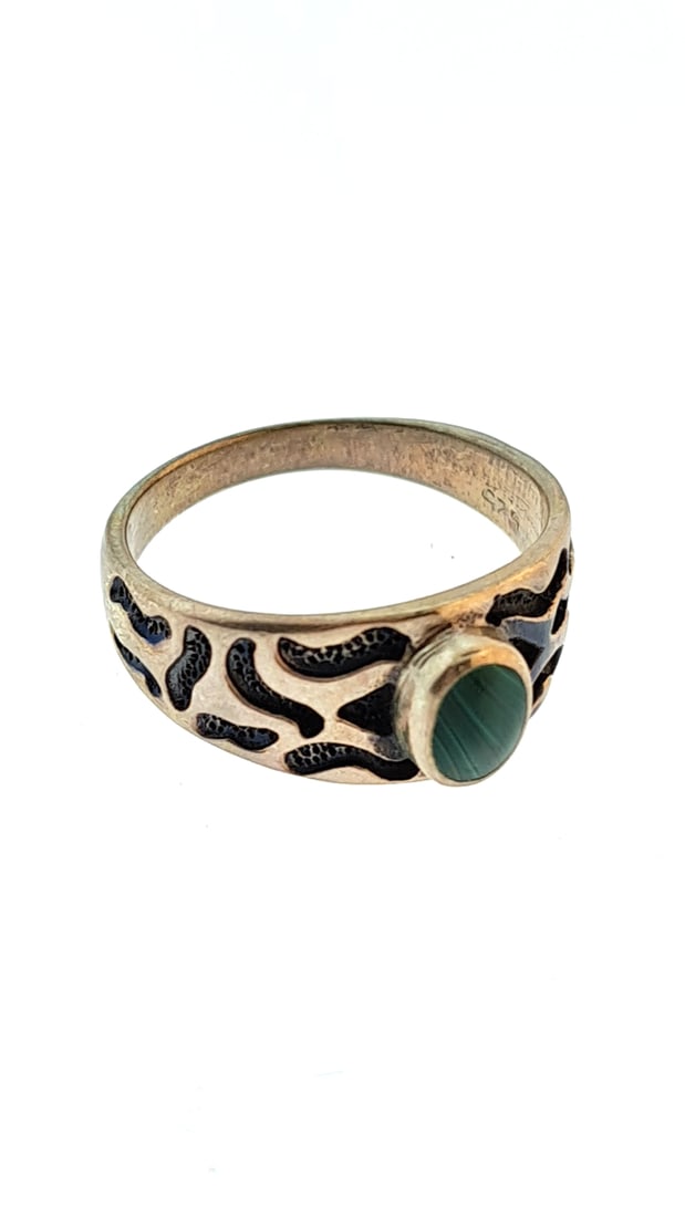 Vintage Malachite Stone Sterling Silver Ring, Engraved Band, Size 9: This jewelry auction is part of an estate sale on 11/7 in Edmonds WA. Pick up will be at the sale, details here https://www.estatesales.net/WA/Edmonds/98026/4683240. Items tested using Kee gold tester
