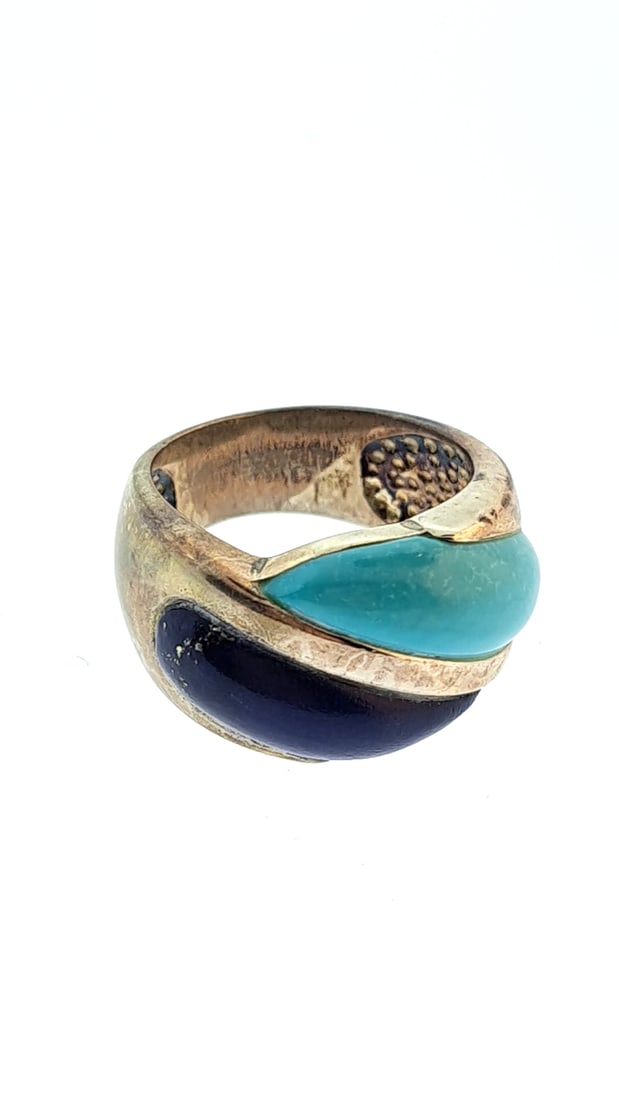 Vintage Two-tone Lapis & Turquoise Gold Tone Band Ring Size 6: This jewelry auction is part of an estate sale on 11/7 in Edmonds WA. Pick up will be at the sale, details here https://www.estatesales.net/WA/Edmonds/98026/4683240. Items tested using Kee gold tester