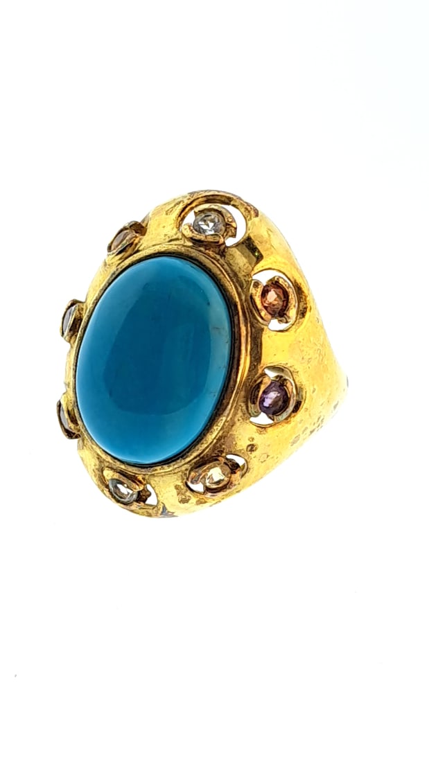 Sterling Gilt Turquoise Cabochon Ring With Gemstone Accents Size 6 Pre-owned Jewelry (1 of 3)