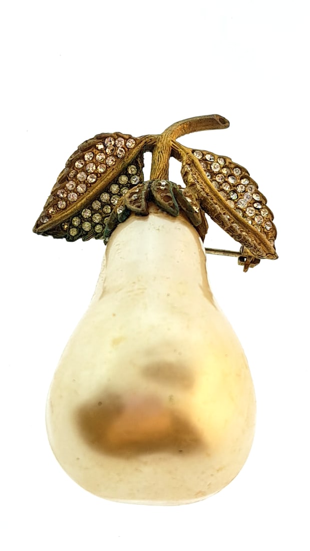 Mid Century Kjl Pearl Brooch Lapel Pin Gold Rhinestone Leaf Details Retro Jewelry (1 of 6)