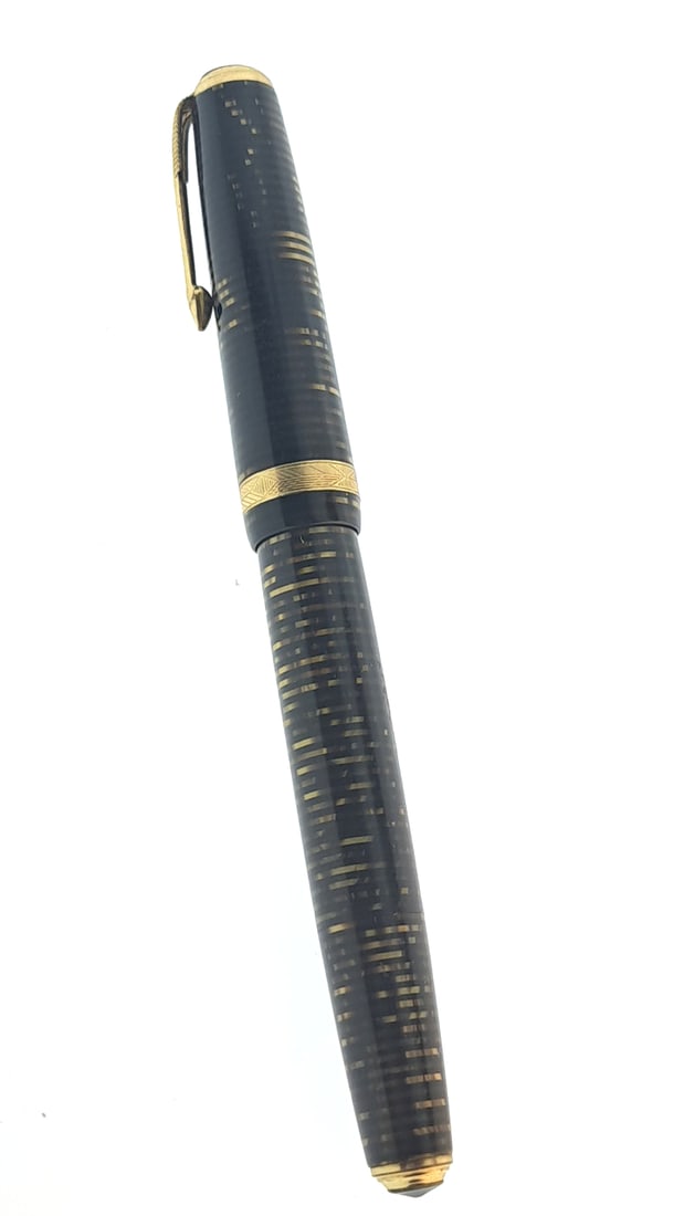 Parker Vacumatic Striped Resin Fountain Pen with Gold Accents & Clip: "great selection of pens, watches, knives, and other gift items. Pens are in as found condition, please inspect pictures closely. Watches are working unless stated otherwise, however they may need nee