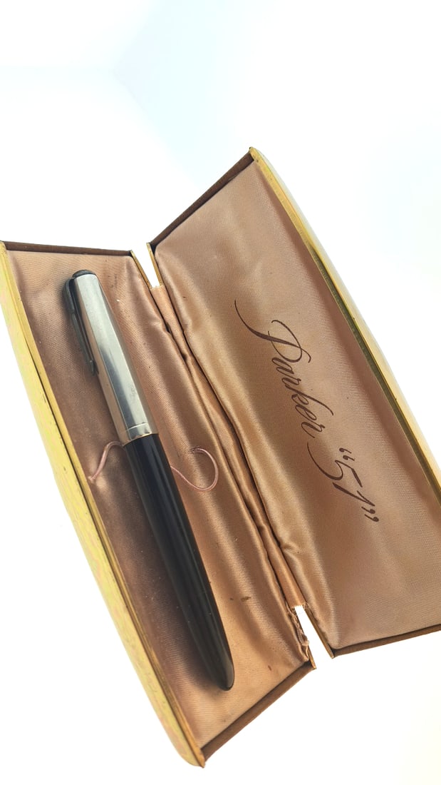 Parker 51 Fountain Pen with Case - Black and Silver: "great selection of pens, watches, knives, and other gift items. Pens are in as found condition, please inspect pictures closely. Watches are working unless stated otherwise, however they may need nee