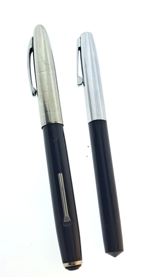 Pair of Sheaffer Student Fountain Pens - Silver Caps - Retro Black and Silver Design: "great selection of pens, watches, knives, and other gift items. Pens are in as found condition, please inspect pictures closely. Watches are working unless stated otherwise, however they may need nee