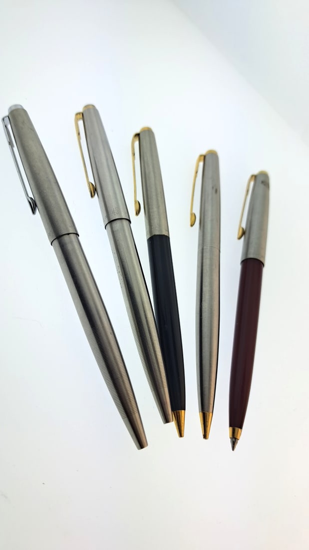 5 Parker 45 Ballpoint Fountain Pens Pencils Gold Trim Black Red Silver Barrel Retro Collection (1 of 6)