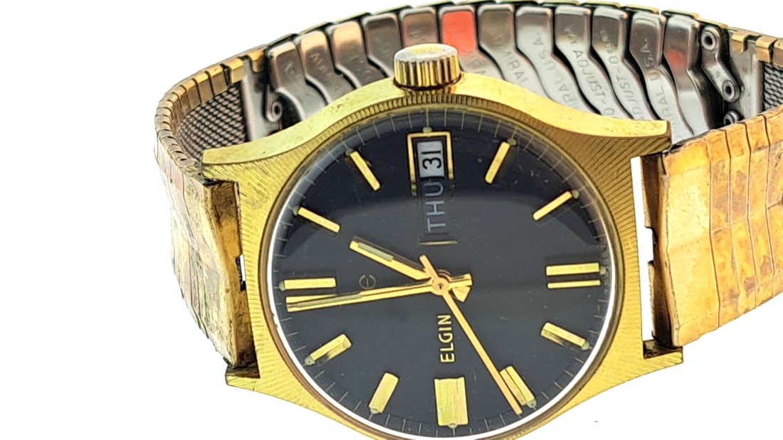 Elgin Vintage Mechanical Day-Date Watch Black Dial Gold Tone Men's Watch Working 60s (1 of 6)