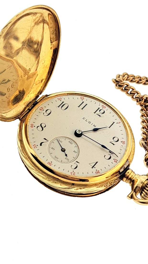 Elgin 14k Gold Womans Pocket Watch with Chain - no crystal, needs service: "great selection of pens, watches, knives, and other gift items. Pens are in as found condition, please inspect pictures closely. Watches are working unless stated otherwise, however they may need nee