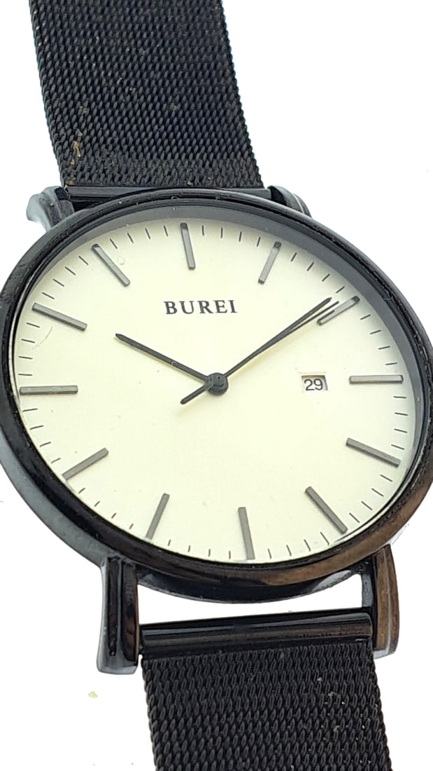 BUREI Men's Watch Black Mesh Strap Date Display Minimalist Analog Timepiece works: "great selection of pens, watches, knives, and other gift items. Pens are in as found condition, please inspect pictures closely. Watches are working unless stated otherwise, however they may need nee